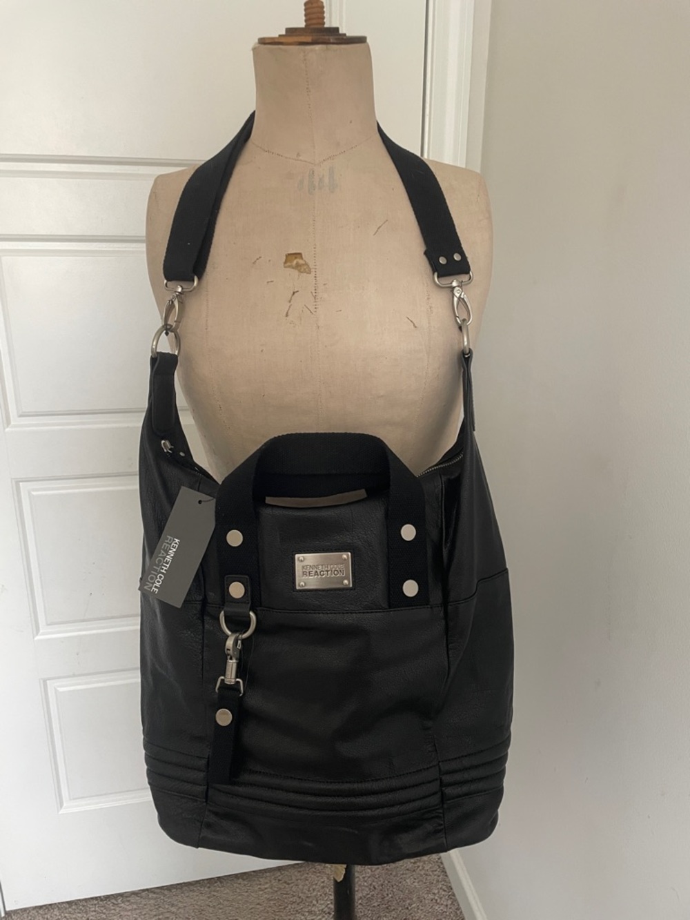 Black Pebble Grain Leather Tote Bag Silver Toned Hardware